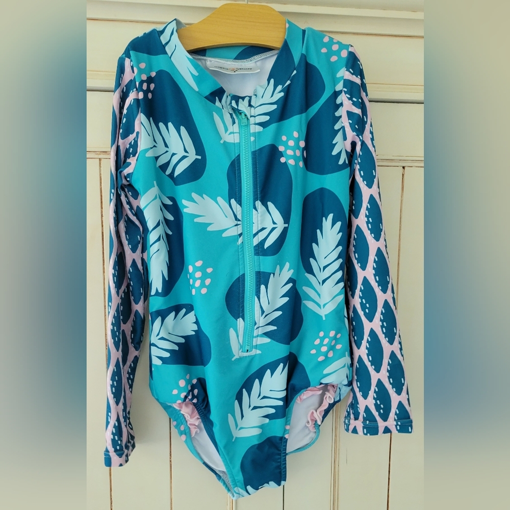 Tropical Blue and Pink Girls Rashguard Swimsuit